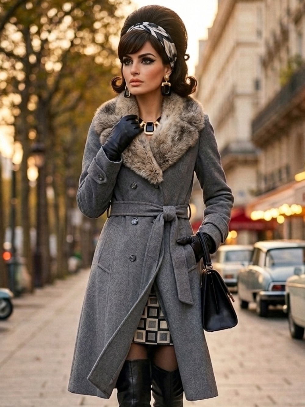 Vintage Union Made Gray Wool Belted Coat with Faux Fur Collar Size 6 60’s 70’s